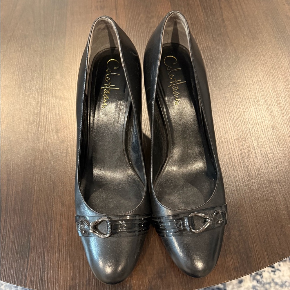 Cole Haan Black Leather Heels with Bow Detail